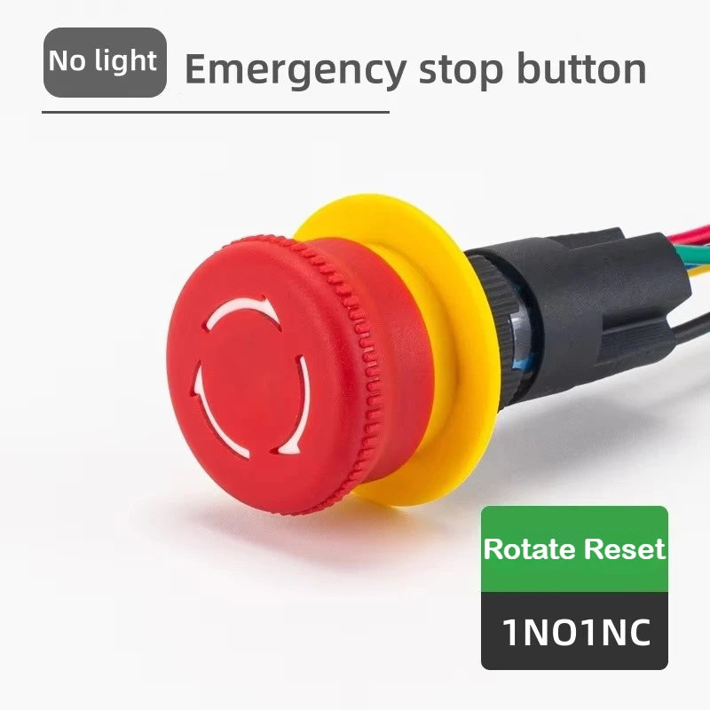 16MM Red Illuminated Rotary Emergency Stop Button Switch Wired with Light 1NO1NC Rotate Reset Welding Pin Knob Plastic Switches