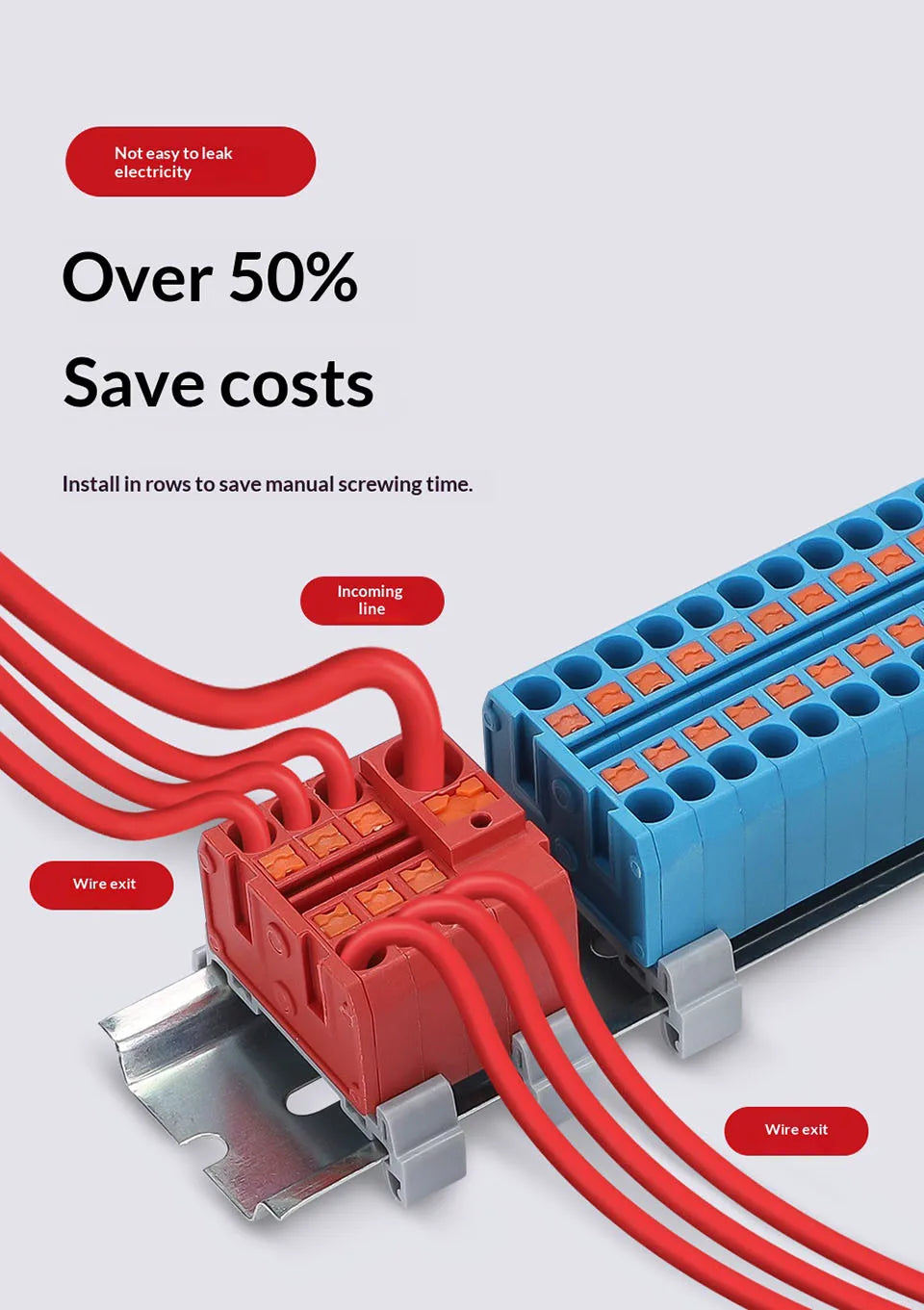 Push-in Terminal Block PTF6X2.5mm One in Multiple Out Splitter Spliceable Wire Connectors DIN Rail Junction Box Electrical Joint