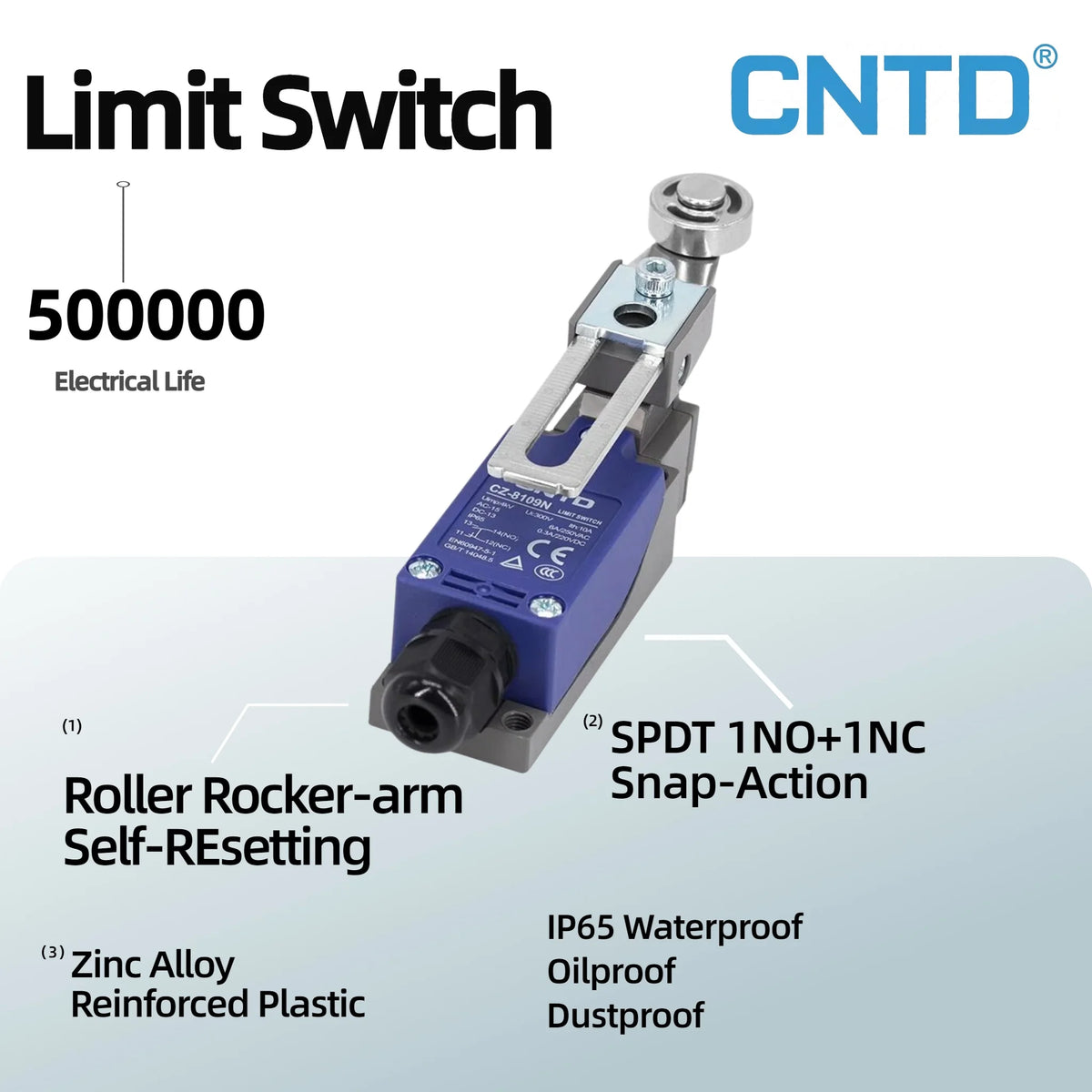 CNTD CZ-8109N Limit Switch Roller Rocker Arm Self Reset IP65 10A 250V SPDT Position Sensor for CNC Machine Industrial CE CCC