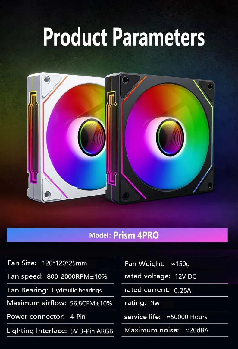 LDPCSJ PRISM 4 PRO 120mm PC Case Fan Equipped with ARGB Controller, 4-Pin PWM Silent Cooling Fan,12V 3Pin Addressable ARGB,45.2CFM High Airflow 600-1500RPM Synchronizable RGB Fan for Gaming Desktop Water Cooling Computer Chas