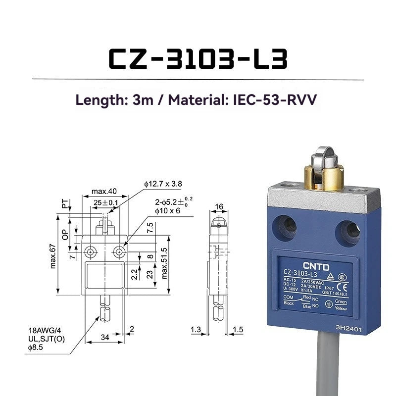 CNTD Micro Travel Limit Switch CZ‑3 Series CZ‑3101 CZ‑3104 CZ‑3108 CZ‑3112 IP67 Waterproof 5A 250V Position Control Switch