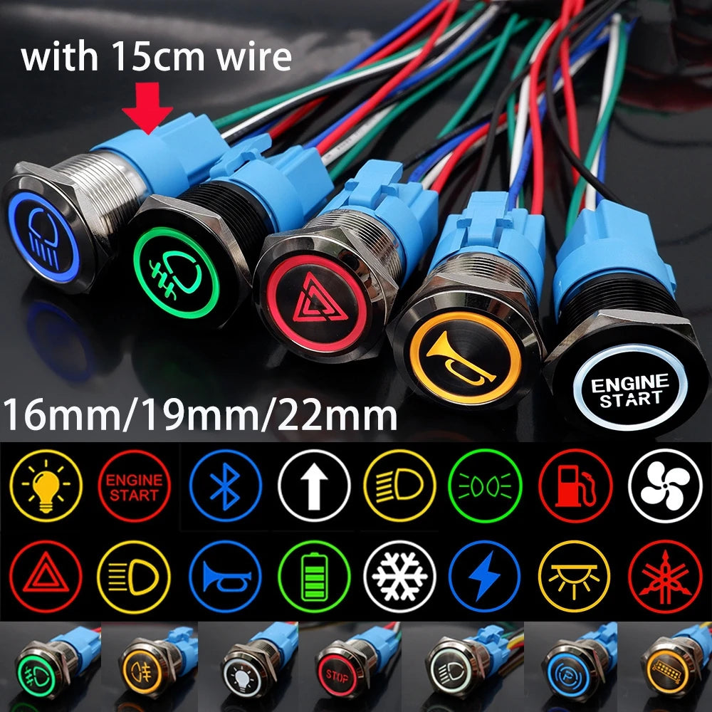16/19/22mm Customized Metal Push Button Switch with Socket Start Stop For Car Boat Fog Black/Silver Waterproof LED Light 12V 24V