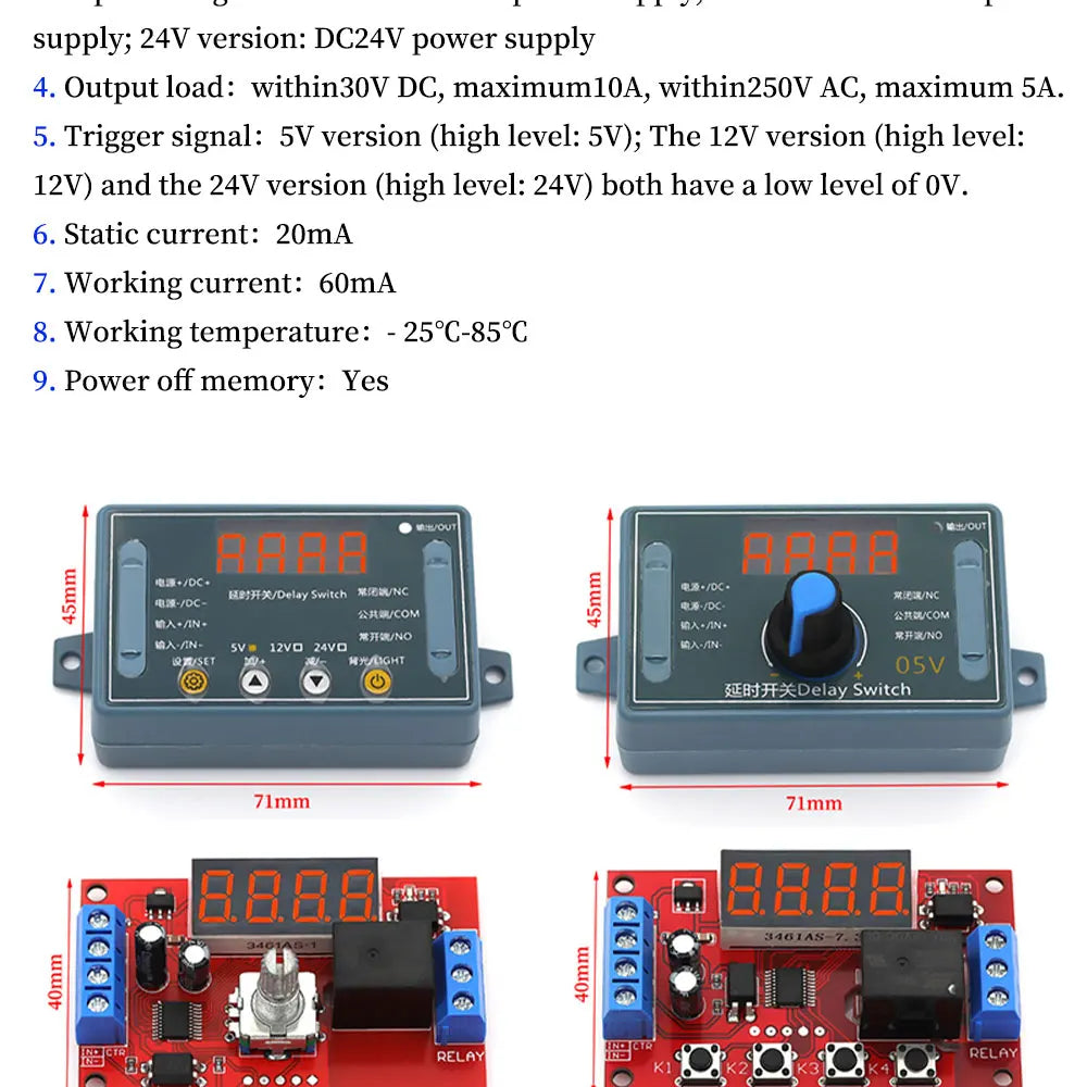 DC 5V 12V 24V 10A Adjustable Time Delay Relay Module LED Digital Timming Relay Timer Delay Trigger Switch Timer Control Switch