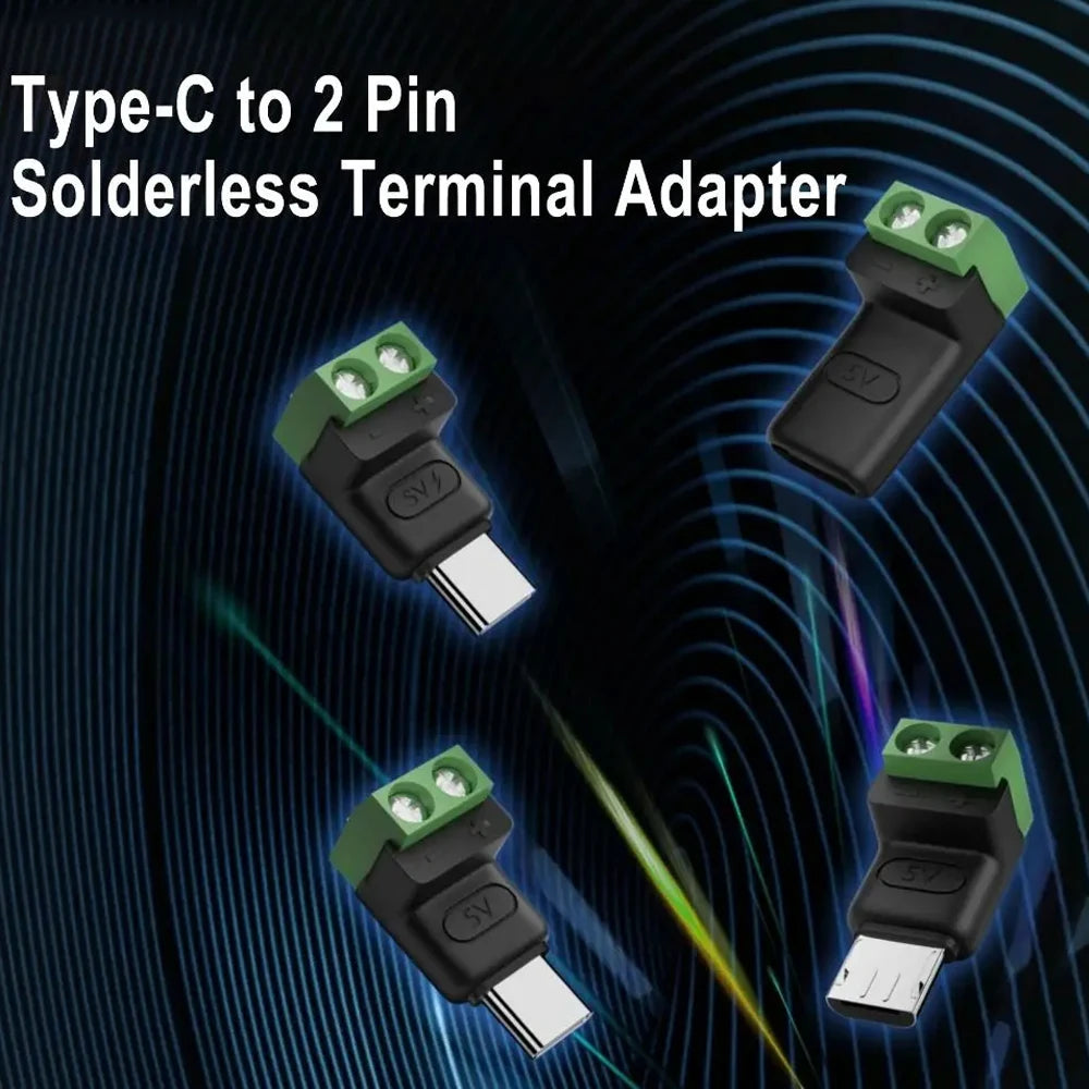 Solderless Plug USB C to 2Pin Terminal Adapter Screw Micro Type-C Male to 2 Pin Crimp Terminal Block 5V Charging Conversion