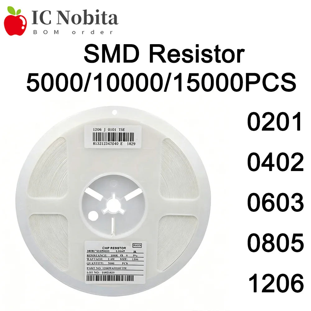 5000/10000/15000PCS 0201 0402 0603 0805 1206 1% SMD Resistor 0 10 100 330 470 510 1k 2k 3.3k 4.7k  5.1k 6.8k 10k 20k 47k 100k 1M