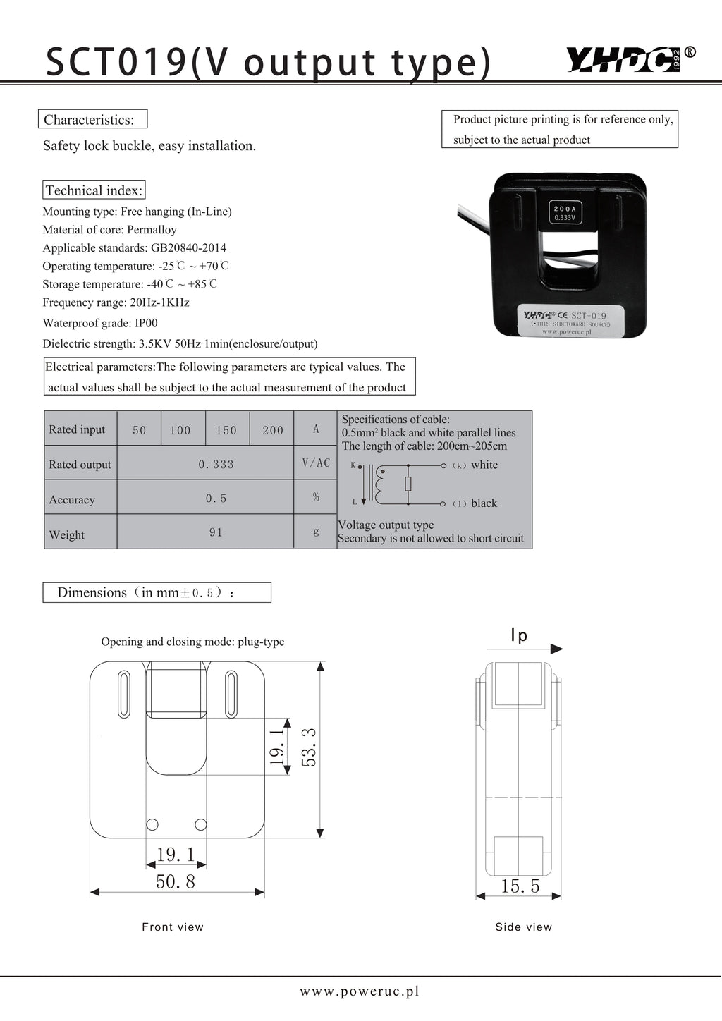 YHDC SCT019 Input 50A/100A/150A/200A Output 0.333V/33mA Accuracy 0.5%/1% Split Core Current Transformer AC Current Sensor