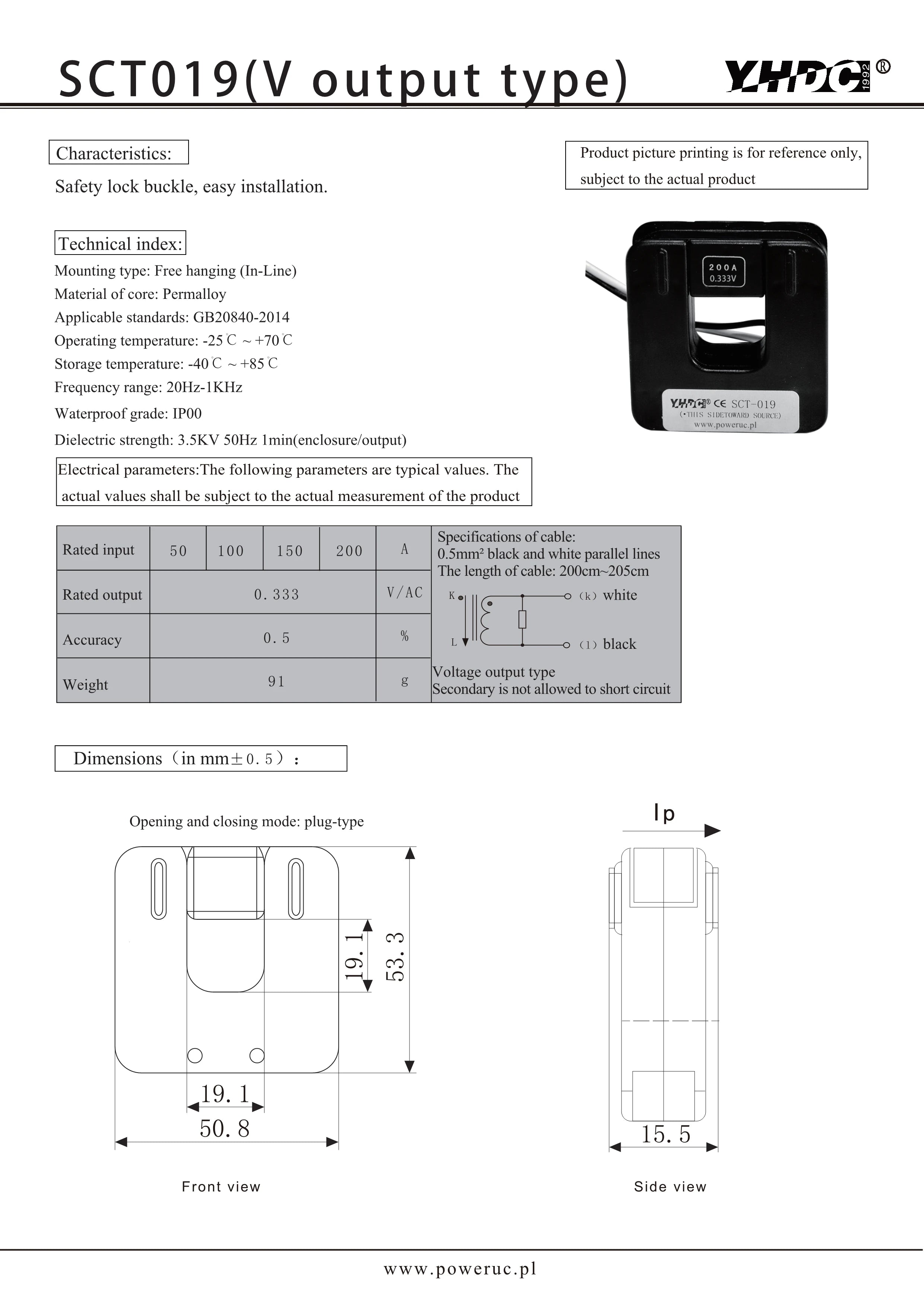 YHDC SCT019 Input 50A/100A/150A/200A Output 0.333V/33mA Accuracy 0.5%/1% Split Core Current Transformer AC Current Sensor