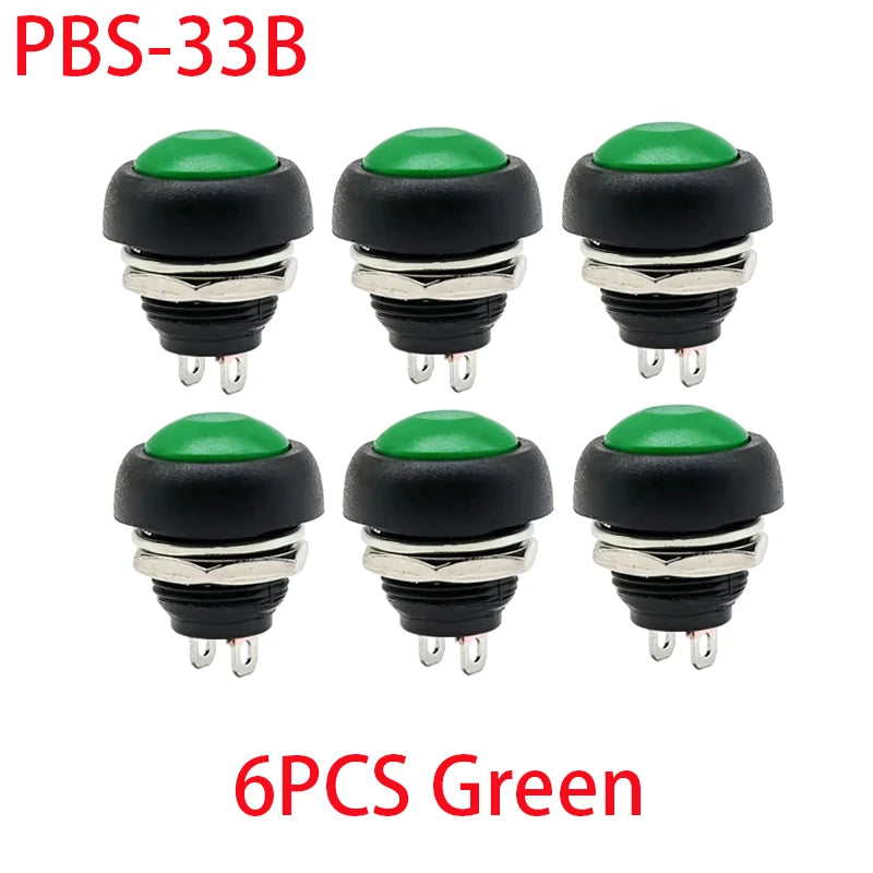6PCS PBS-33B 12mm 2Pin Waterproof Momentary Push Button Switch 12V 1A Mini Reset Non-Locking Red Green Yellow Blue White Black