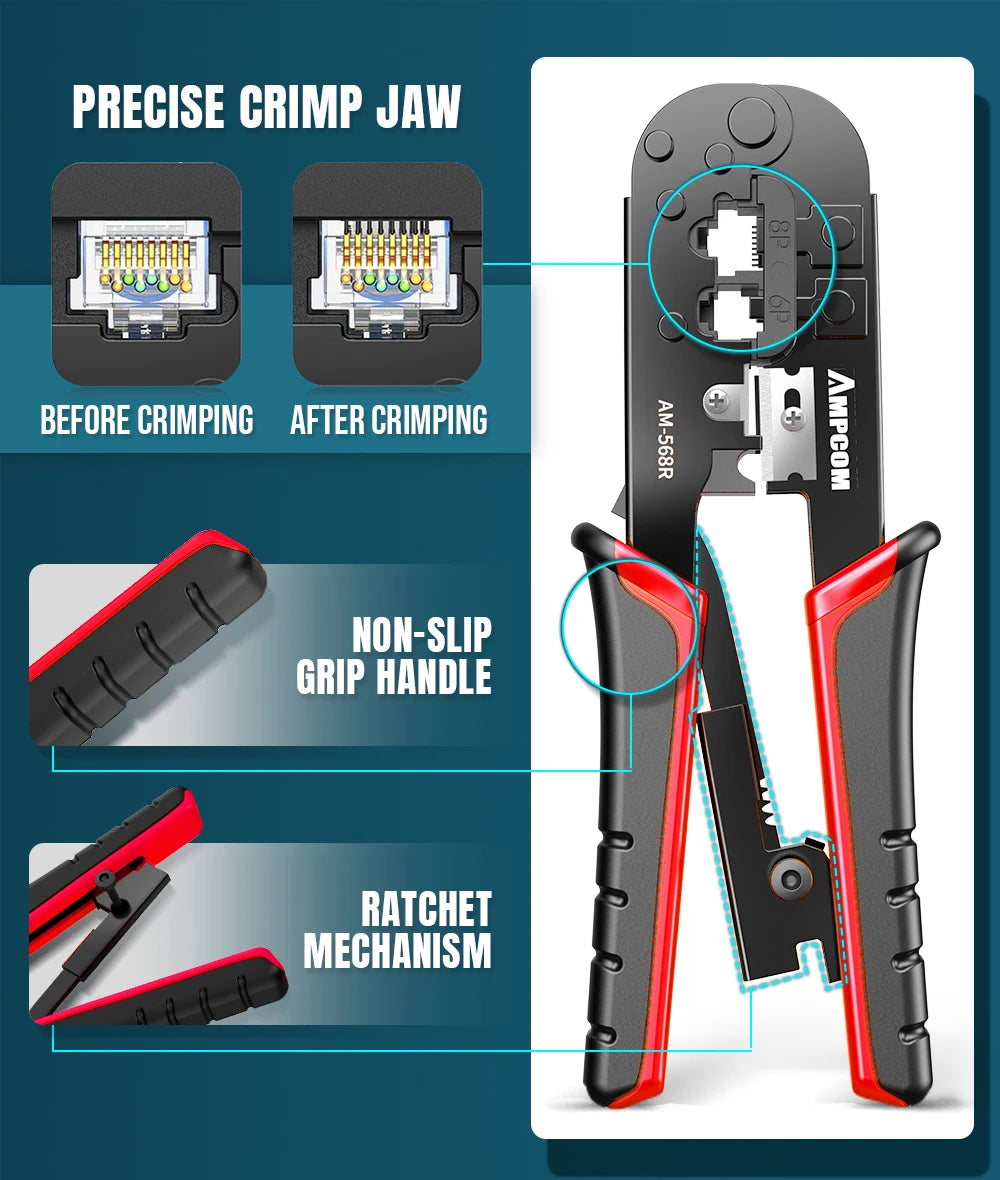 AMPCOM RJ45 Crimping Tool,Network Tool Kit for Cat5e Cat6, 7 in 1 Portable Ethernet Cable RJ45/RJ11 Crimper Kit with Soft Case