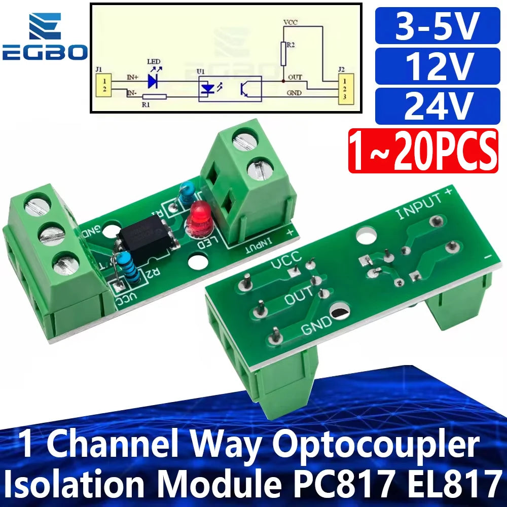 1~20PCS 1 Channel Way Optocoupler Isolation Module PC817 3V-5V 12V 24V Photoelectric Isolator Rail Holder PLC Drive Motor Board