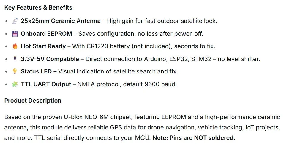 NEO6MV2 NEO-6M GPS Module EEPROM Ceramic Antenna Hot Start for Arduino Drone STM32 ESP32 APM2.5 MWC DIY UART TTL 3.3V-5V NMEA