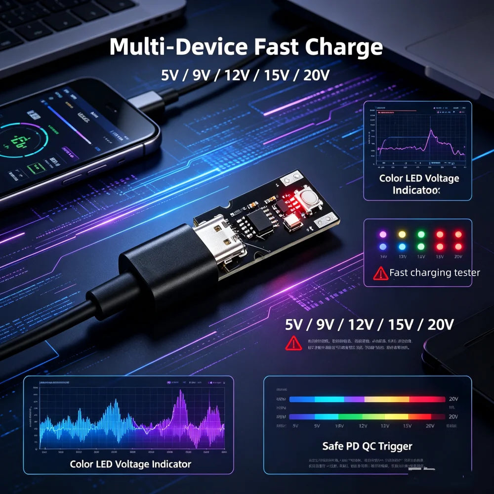 USB Type-C PD QC Deception Board Trigger Fast Charge Module DC 5-20V Adjustable Voltage Boost Charging Module Indicator Light