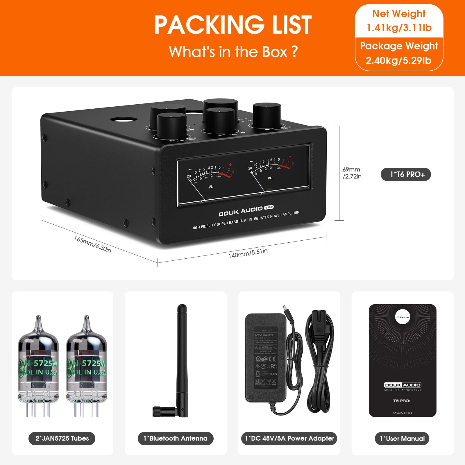 Douk Audio T6PRO HiFi JAN5725 Vaccum Tube Amplifier Bluetooth Receiver TPA3255 Power Amp with VU Meter 300W+300W