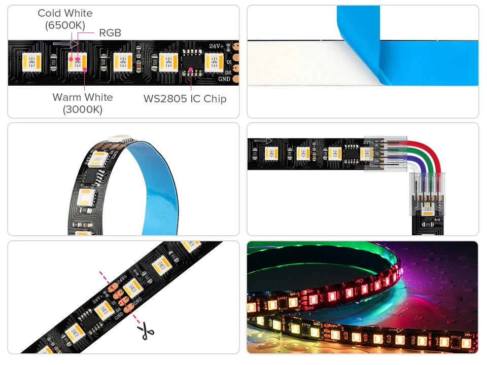 WS2805 Pixels LED Strip Light RGBCCT 5 in 1 Addressable LED Lights Dual Signal RGB WW CW 3000K-6500K DC12V 24V 1 IC to 3/6/7 LED