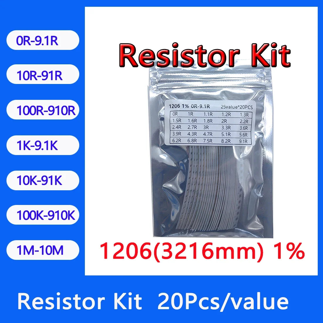 Resistor kit 1206 3216mm smd Resistor package 24values*20PCS=480PCS 1% Sample Kit Resisor