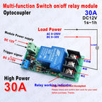 DC12V Multifunction Delay Timing on/off Optocouple Relay Module 30A Switch Timer
