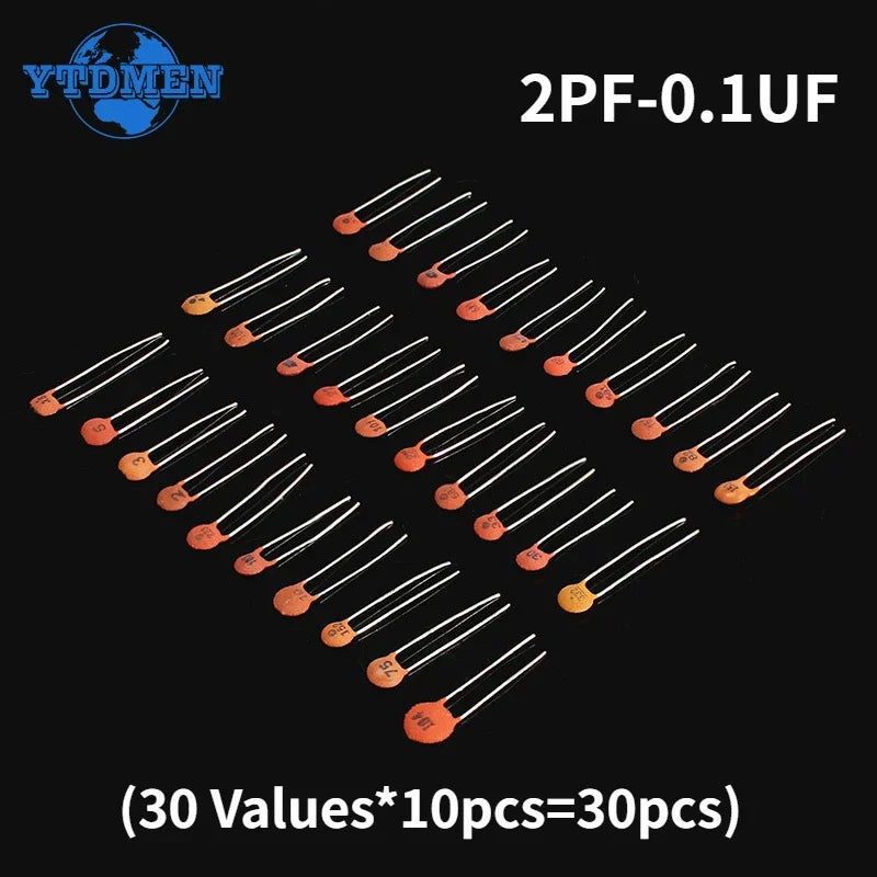 300PCS Ceramic Capacitor Set Pack 2PF-0.1UF 30 Values*10pcs Capacitor Assorted Kit