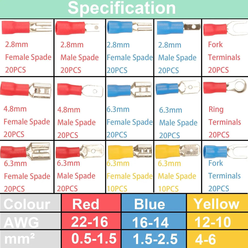 Automotive Insulated Crimp Terminals Kit, Male Female Spade Ring Fork Butt Lugs, Assorted Electrical Wire Connector Set for Car