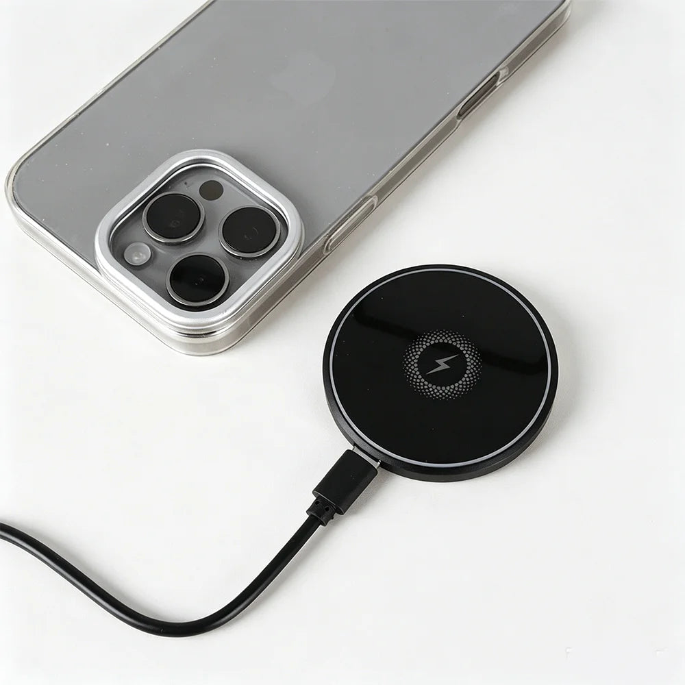 15W Wireless Charger Pad, Mirror‑Surface Design, Fast Induction Charging.Compatible with iPhone, Samsung and Apple Earphones.