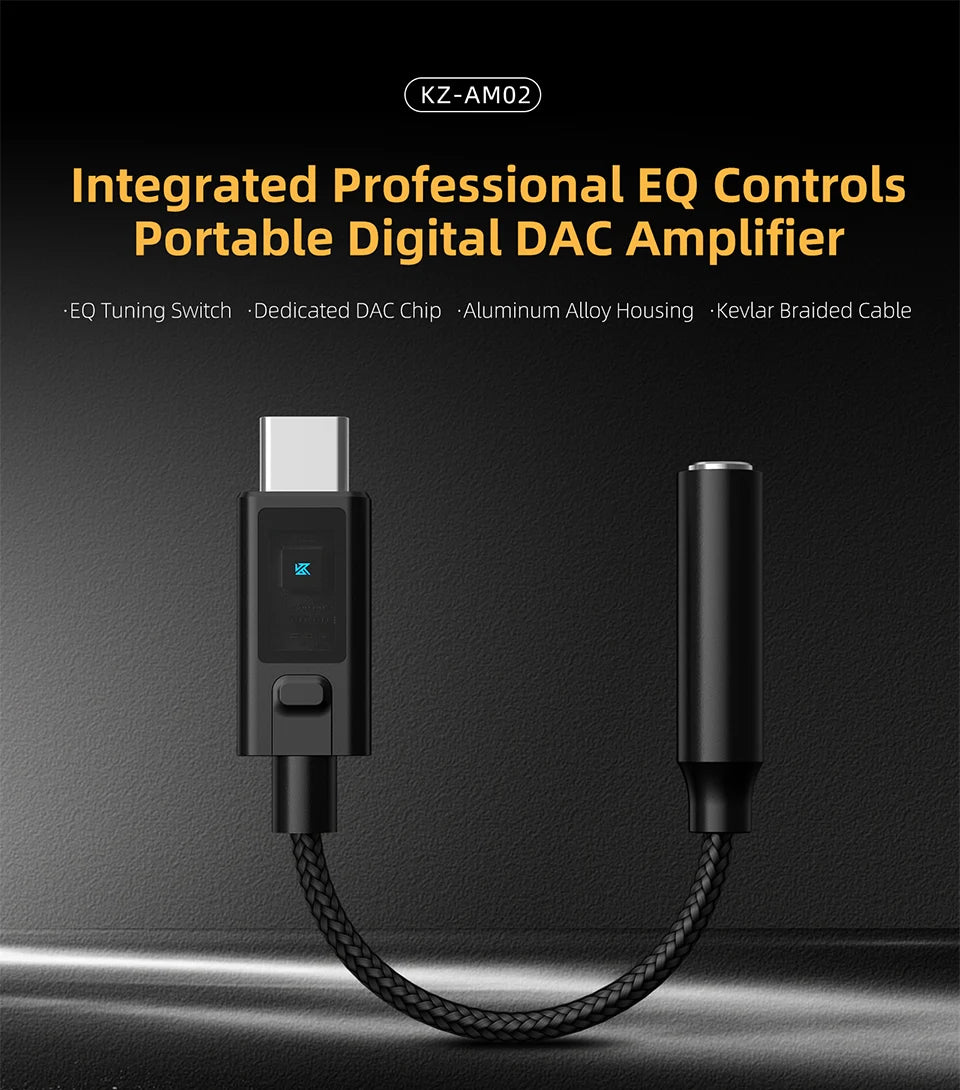 KZ AM02 Portable DAC Decoding Amplifier USB C to 3.5mm Audio Adapter with Professional 4-Stage EQ Tuning