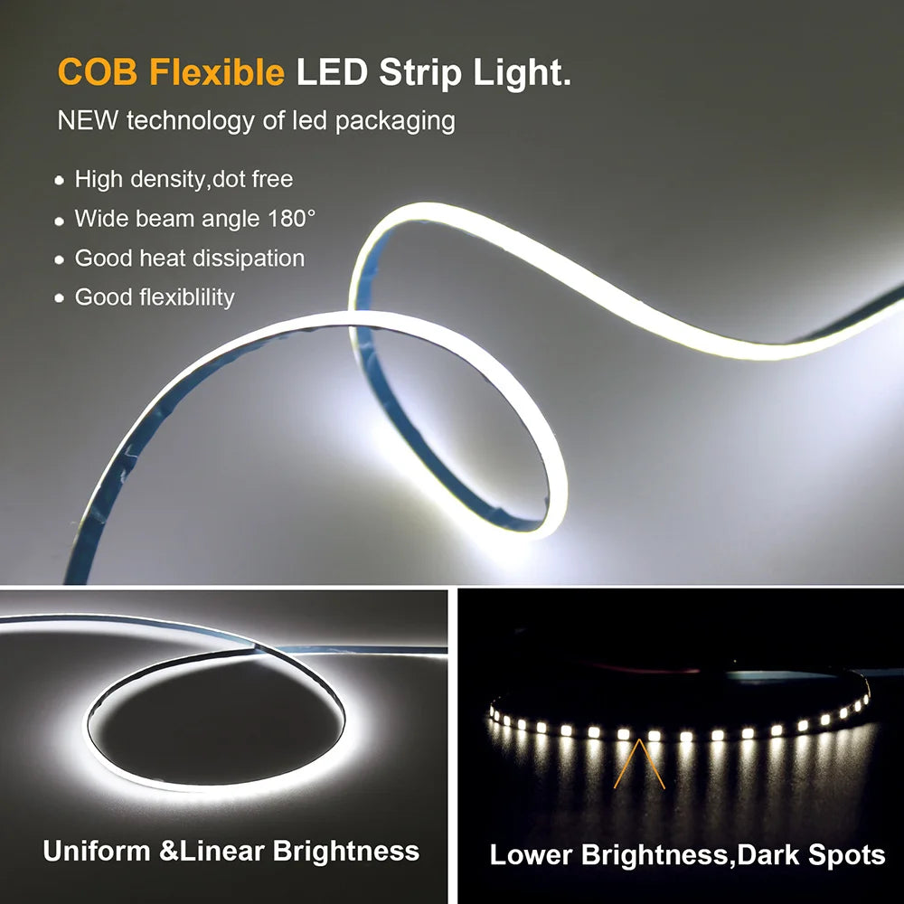 3mm 5mm PCB COB LED Strip Light 5V 12V 24V 320LED 8mm CRI90 Super Bright Flexible LED Tape For Cabinet Home Liner Lighting