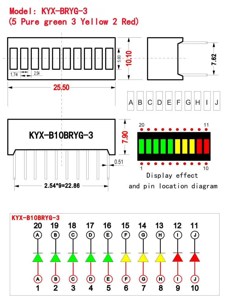 10pcs Multi-Color LED Display Bargraph Light 10 Segments Red Blue Yellow White Green Single Color Battery Level Bar Graph DIY