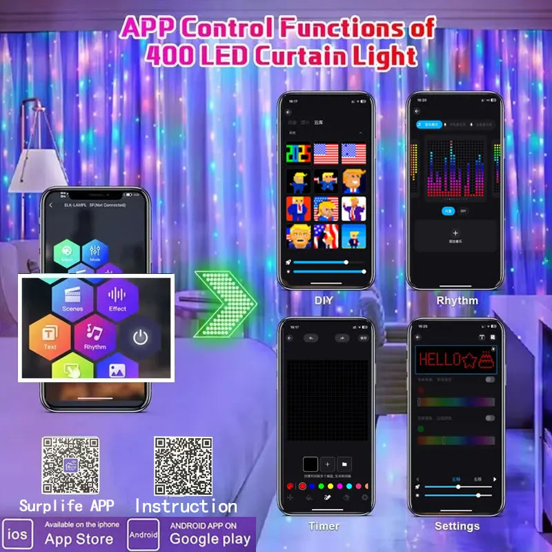Led Smart Curtain Lights New Year's Garland App RGB Fairy Lights DIY Music Change Display for Window Christmas Room Decoration