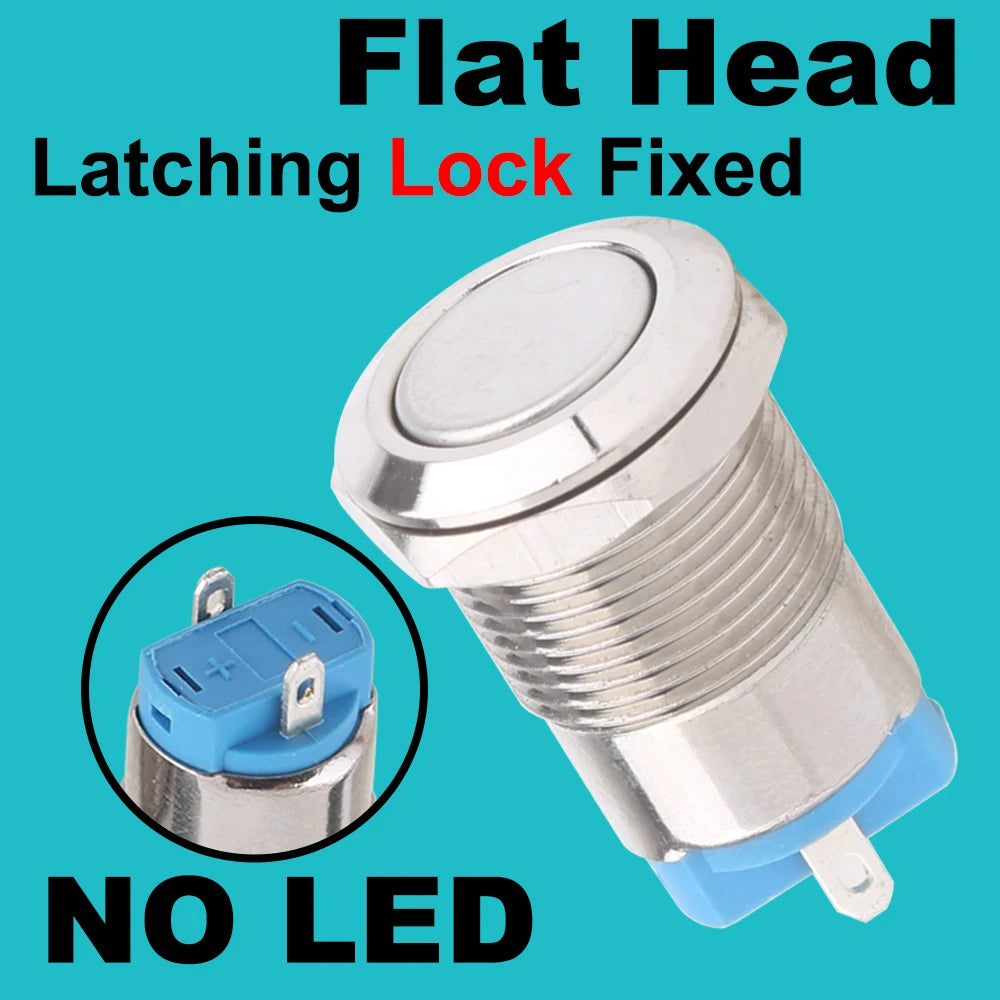 12mm metal push button waterproof nickel plated brass button switch Latching/self-locking/fix high/flat head on-off NO LED