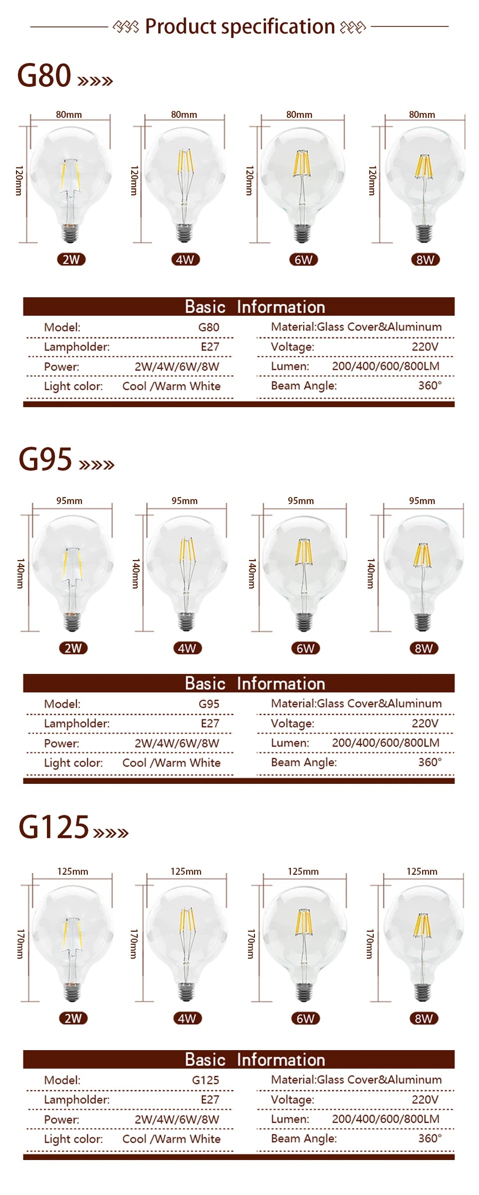 1-4pcs G80 G95 G120 LED Bulb E27 2W 4W 6W 8W AC 220V Energy Saving Global Light Lampada Ampoule Lamp Retro Edison Filament Bulbs