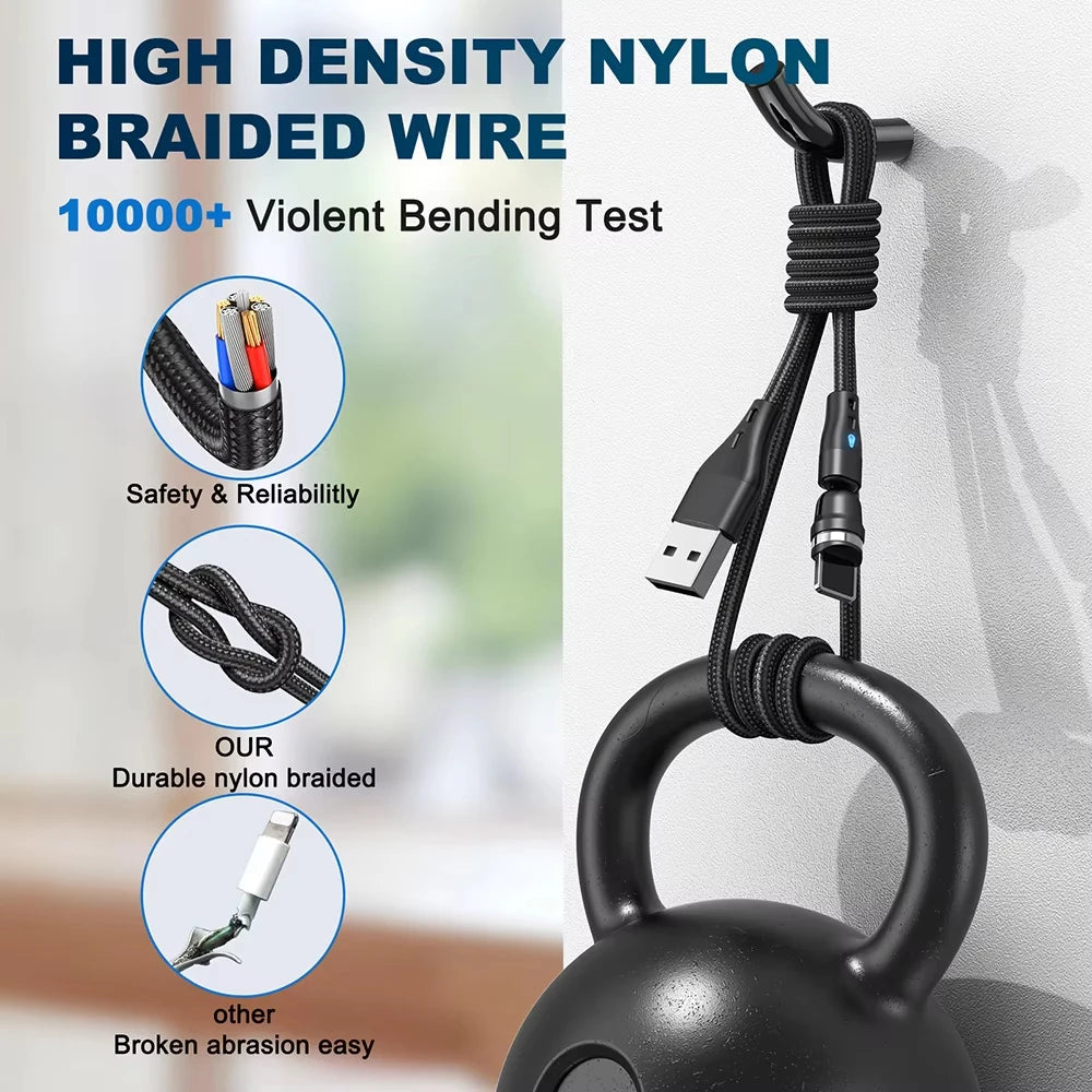3A Fast Charging Magnetic Cable 540° Rotating USB Type C Micro Data Cable for Samsung Huawei Xiaomi Android Phone Charger Wire