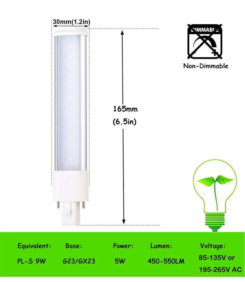 2pcs LED PL G23 GX23 3W4W5W7W Bulb Horizontal Side Plug Ceil CFL PL-S 7W 9W 13W Read Table Desk Lamp Replacement,Remove Ballast