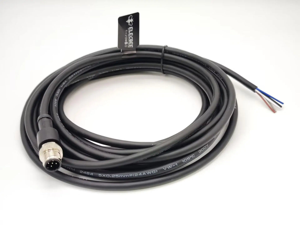 M12 5-Pin Male A-Code Straight Connector Cable, 5M Length, 22 AWG, Molded Ethernet Extension Cord