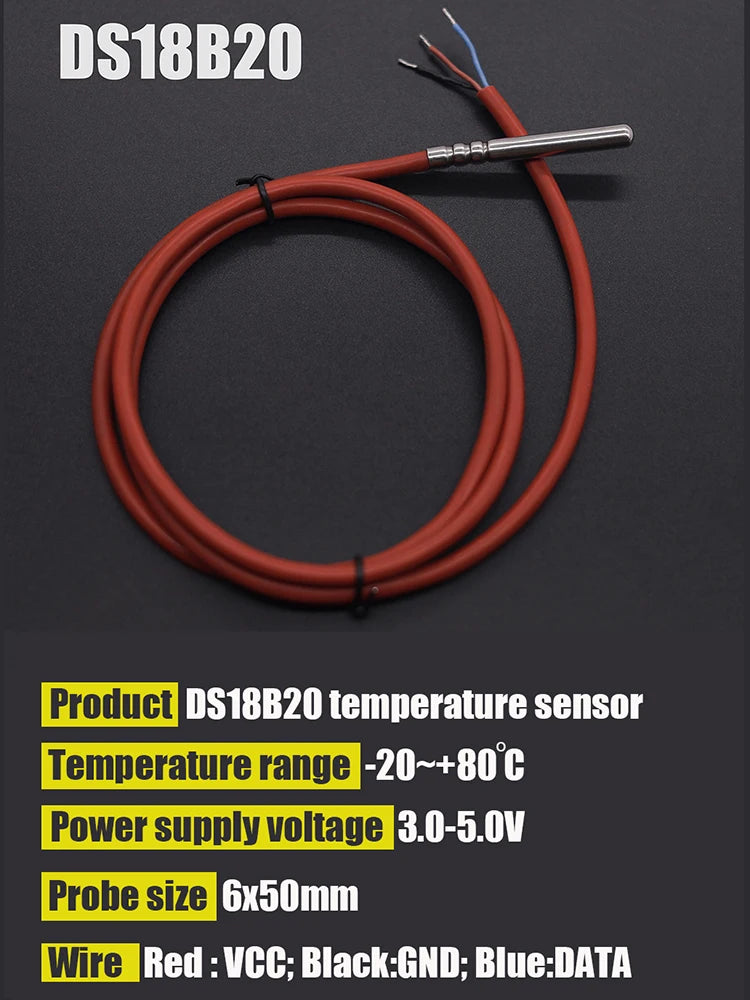 DS18B20 Temperature Sensor Stainless Steel 3.0V-5V Voltage -20~+80'C Celsius Oil Proof Waterproof Temp. Silicone Cable Probe