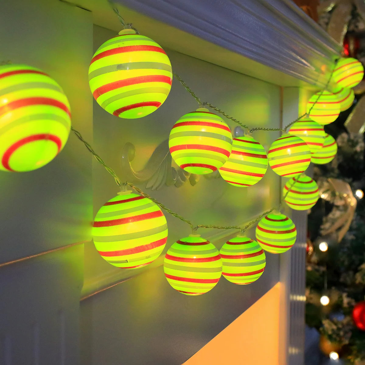 Luminous Xmas Bauble Fairy String Lights, Multipattern Printed Christmas Ball LED Garland, Whimsical Neon Tone Festive Lighting