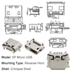 100/1000PCS Micro USB Android Female Charging Socket, Flat Edge Crimped Type, 5Pin, 4 Mounting Pins, SMD & DIP Tail Connector