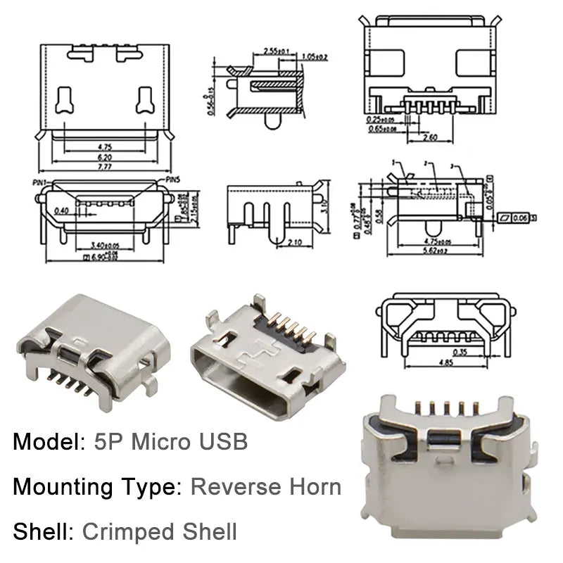 100/1000PCS Micro USB Android Female Charging Socket, Flat Edge Crimped Type, 5Pin, 4 Mounting Pins, SMD & DIP Tail Connector