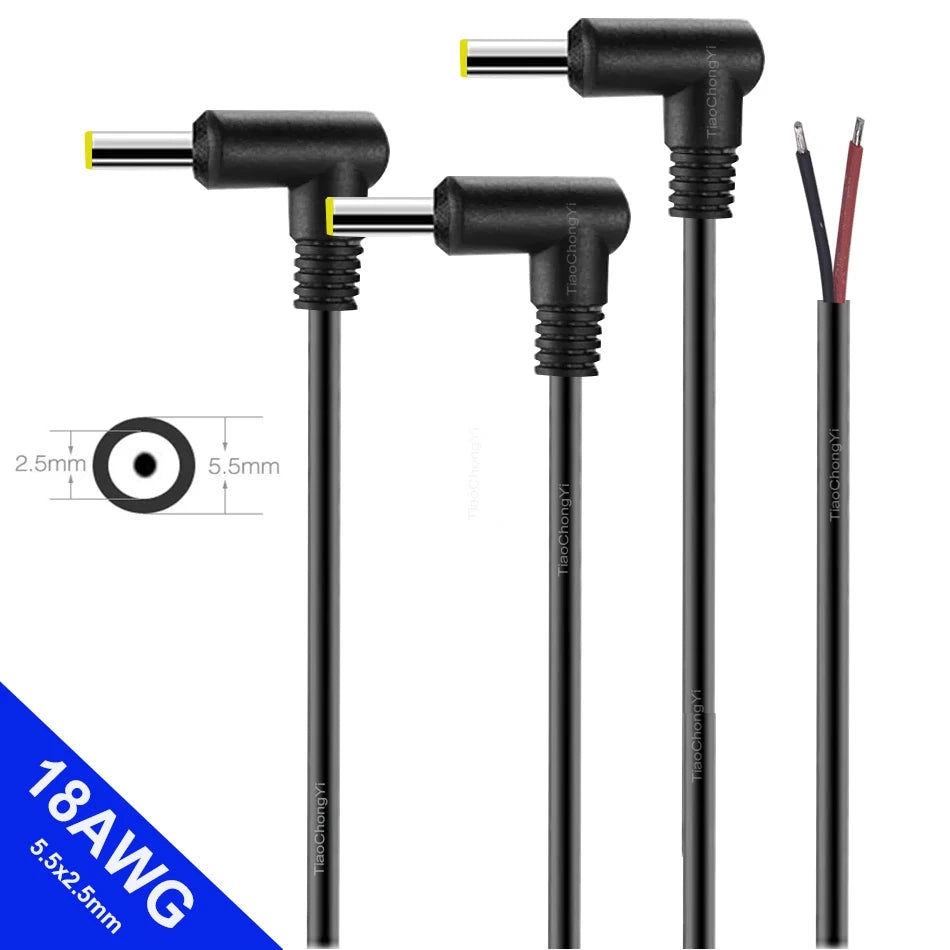 18AWG DC Power Connector 5.5 X 2.1mm / 2.5mm Male To 5.5 2.1/2.5mm Male Plug Cable Right Angled 90 Degree Power Cable 29cm