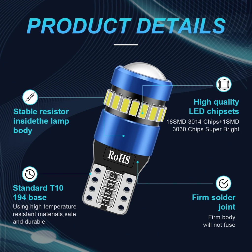 2PCS T10 W5W LED CANBUS No Error 750Lm Super Bright Car Side Interior Lights 194 168 3030 SMD Auto Bulb White Amber Red 12V