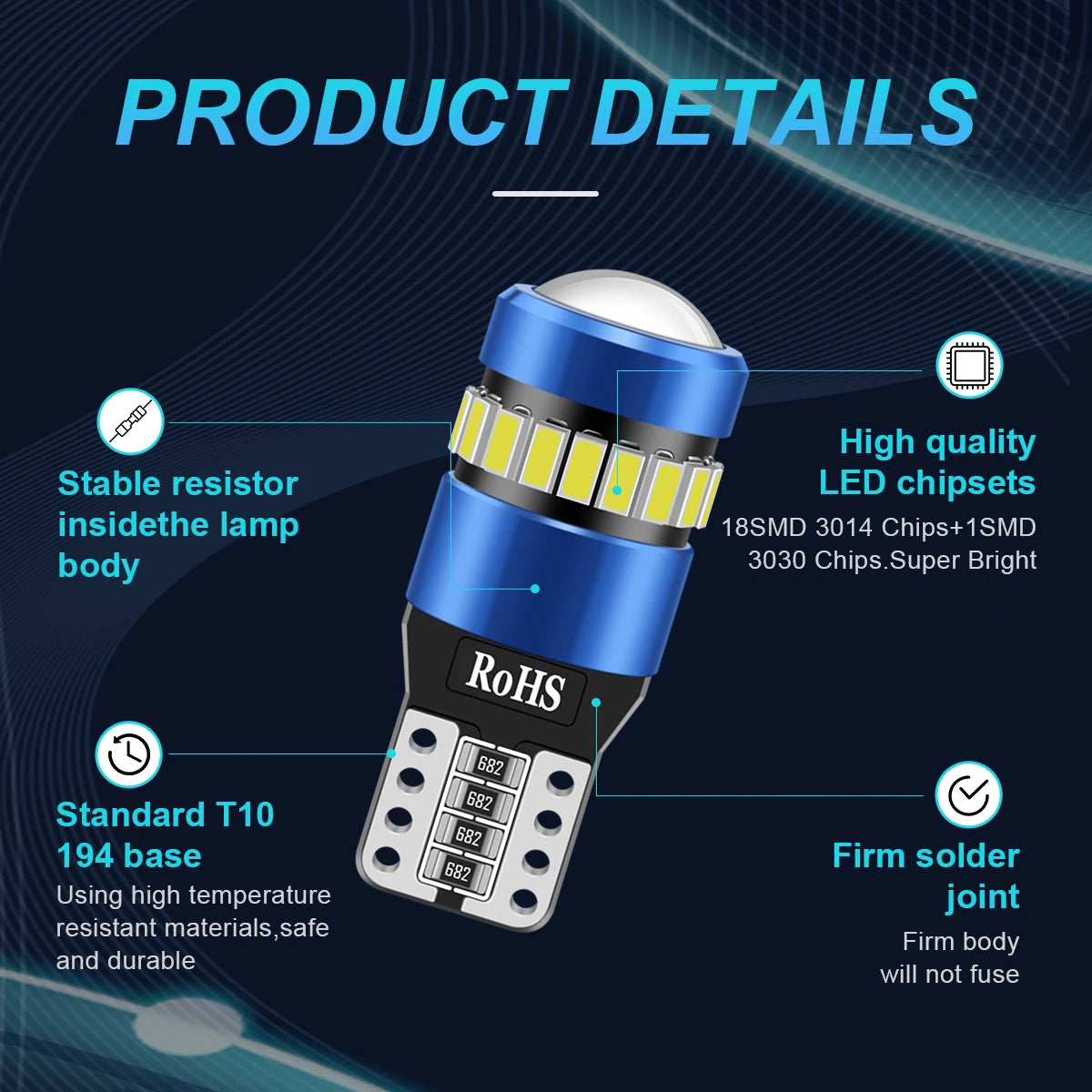 2PCS T10 W5W LED CANBUS No Error 750Lm Super Bright Car Side Interior Lights 194 168 3030 SMD Auto Bulb White Amber Red 12V