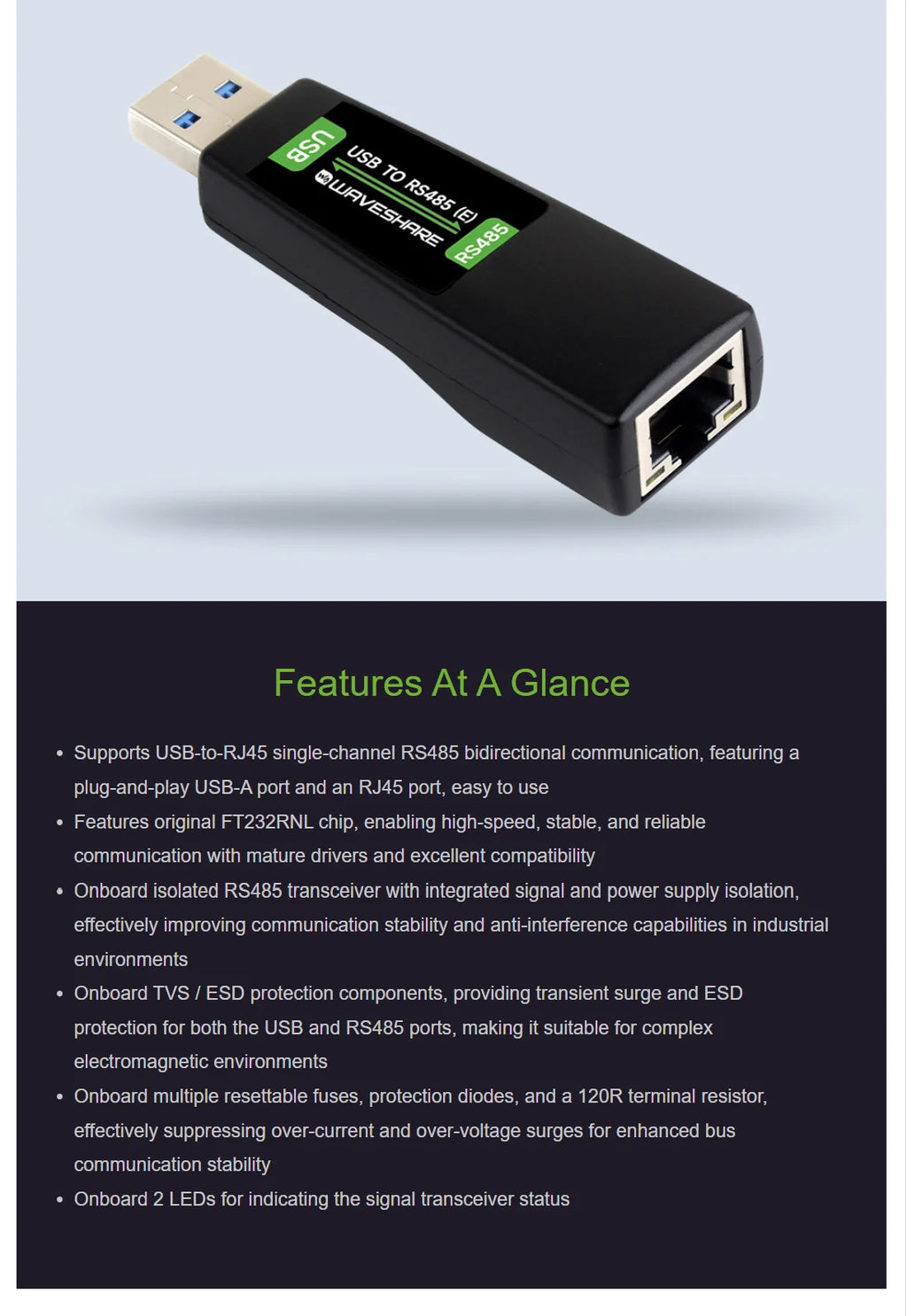 Waveshare USB RS485 E Converter, FT232RNL Isolated Bidirectional Adapter with RJ45 T568B Industrial Interface