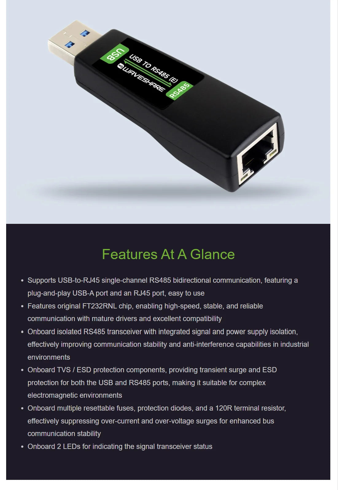 Waveshare USB RS485 E Converter, FT232RNL Isolated Bidirectional Adapter with RJ45 T568B Industrial Interface