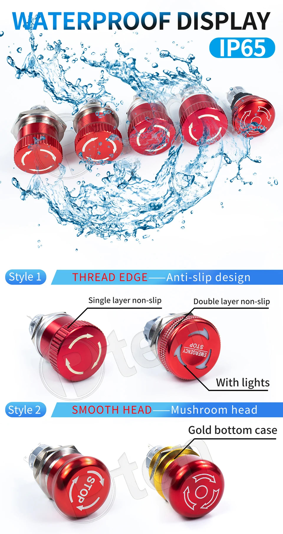 16/19/22mm Metal Emergency Stop Button Switch stainless steel Anti-slip waterproof mushroom head Rotation reset PTEN