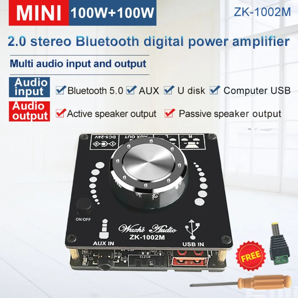 ZK-502M/1002M 2.0 Stereo Bluetooth 5.0 Digital Amplifier Board 50W+50W / 100W+100W Audio Amplifier Module