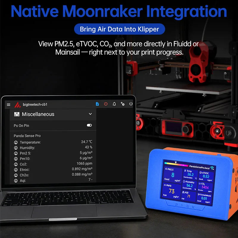 BIQU Panda Sense Pro 8-in-1 Air Quality Sensor PM2.5 CO2 HCHO TVOC 3.5" Screen WiFi MQTT Moonraker Klipper Home Assistant Smart
