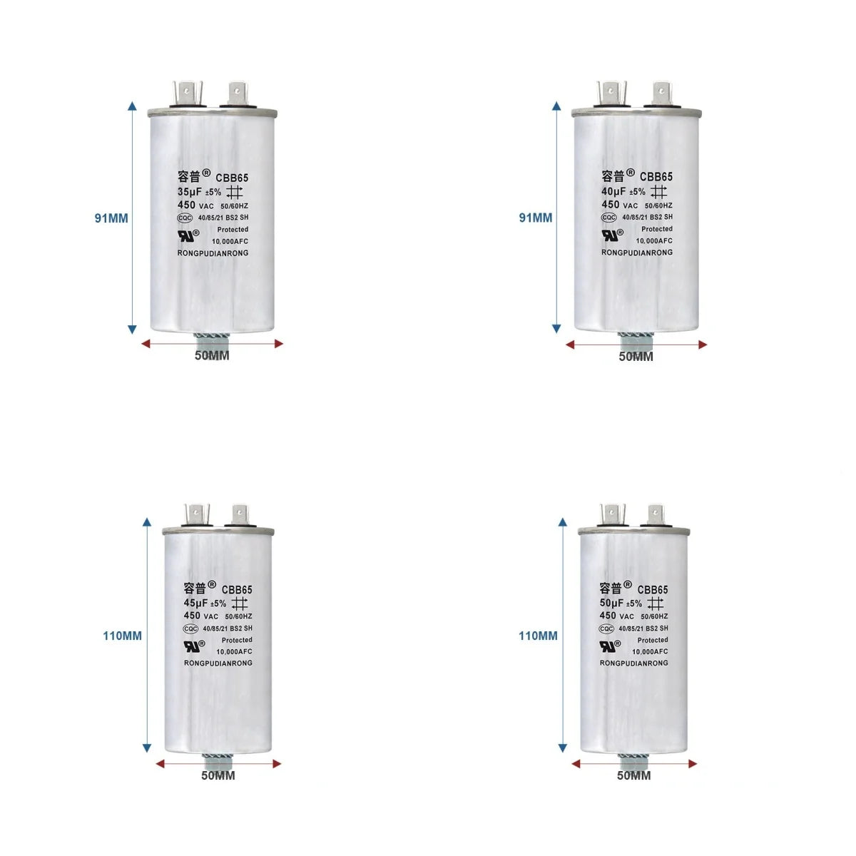 CBB65 Air Conditioner Capacitor Bottom with Screw 5UF 10UF 15UF 20UF 25UF 30UF 35UF 40UF 50UF 60UF 70UF 80UF 100UF 450V Screw