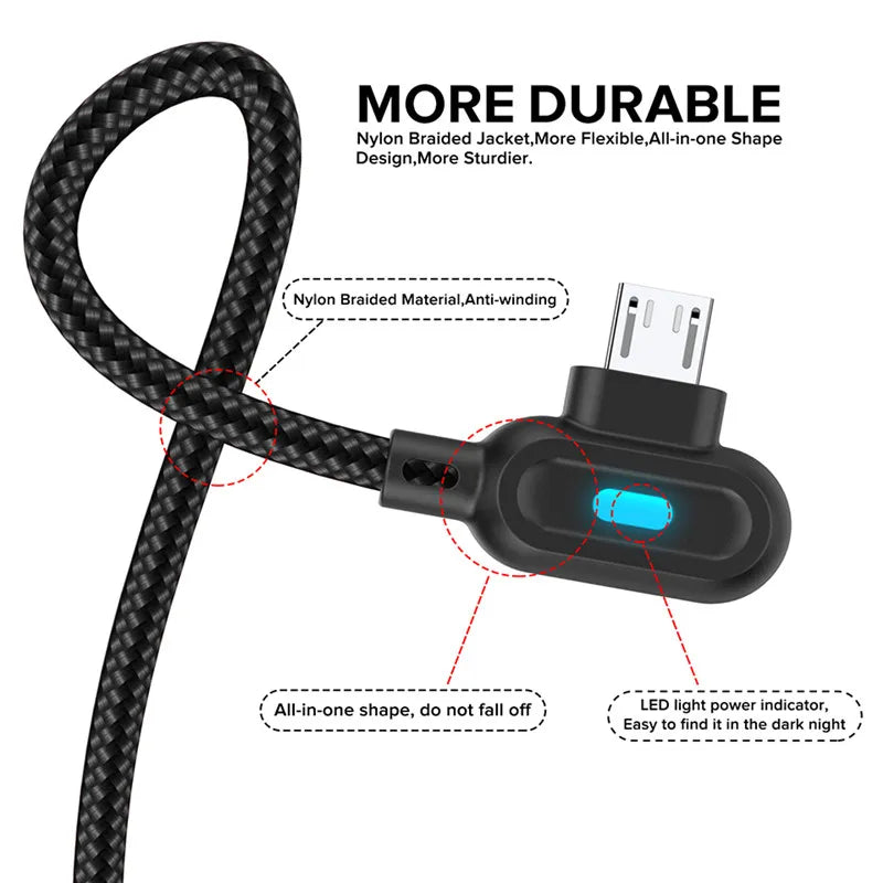 90 Degree USB Type C Cable Fast Charging USB A To Micro Cable For Samsung Xiaomi Huawei Android Phones USB C Data Cable 1M 2M