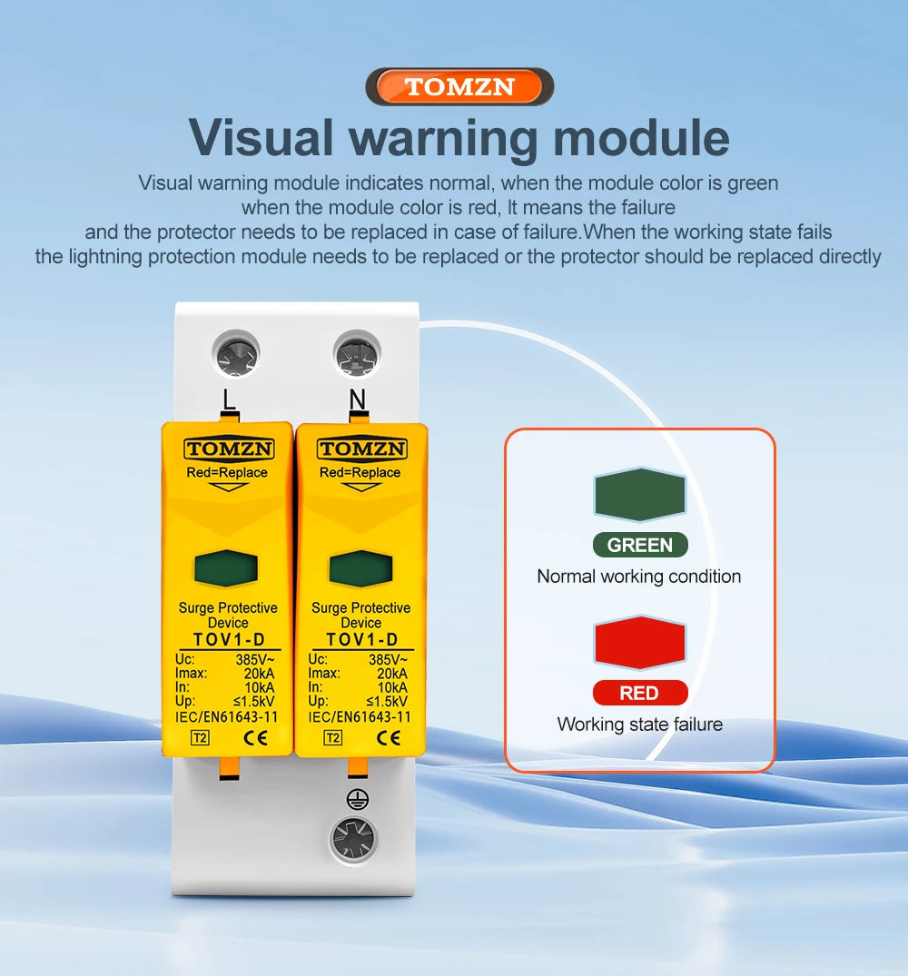 TOMZN AC SPD 2P House Surge Protector Protection Protective Low-voltage Arrester Device 10-20kA 20-40kA 30-60kA 275V 385V 420V
