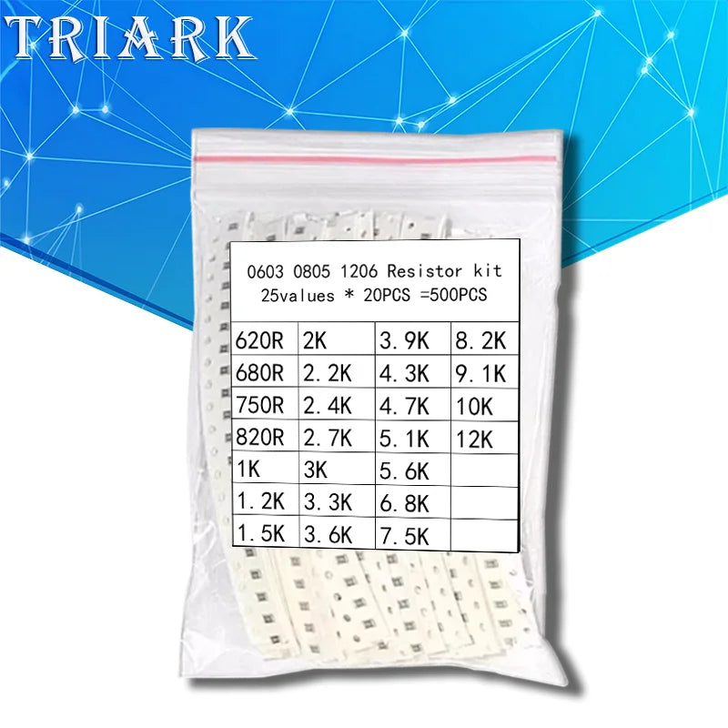 500pcs 25values 0603 0805 1206 SMD Chip Resistor Kit 620R~12K 680R 820R 1K 2K 3K 3K3 5.1K 6.8K 7.5K 8.2K 9.1K 10Kohm sample pack