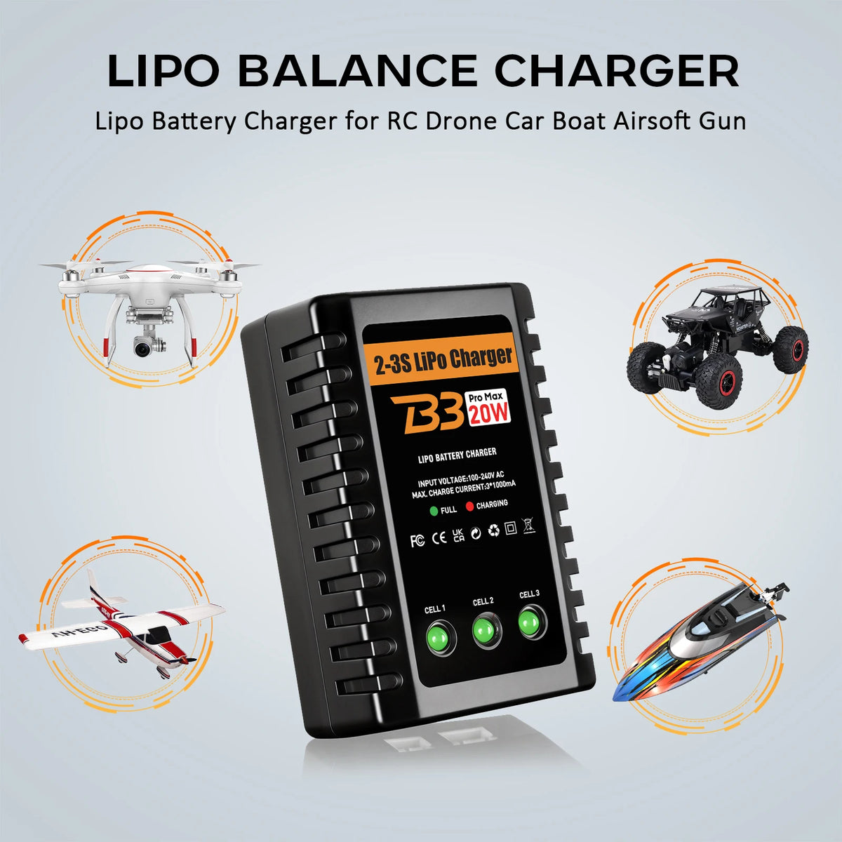 HTRC B3 2S-3S Lipo Battery Charger 110-220V AC LED 20W B3 Compact Charger Balance RC Charger