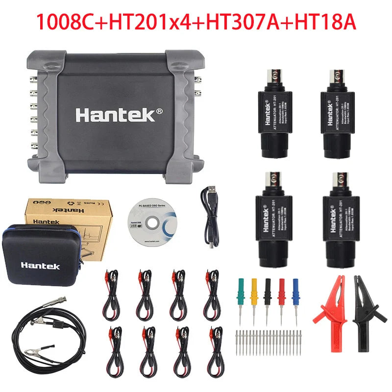 Hantek 1008C Automotive Oscilloscope with Passive Attenuator HT201 HT25 Auto PC Storage USB 8 Channels Programmable Generator